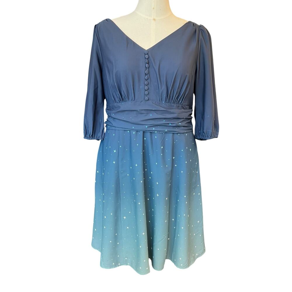 Wayward Fancies eShakti 2X Ombre Star Print Fit & Flare Dress Blue Plus Size GUC